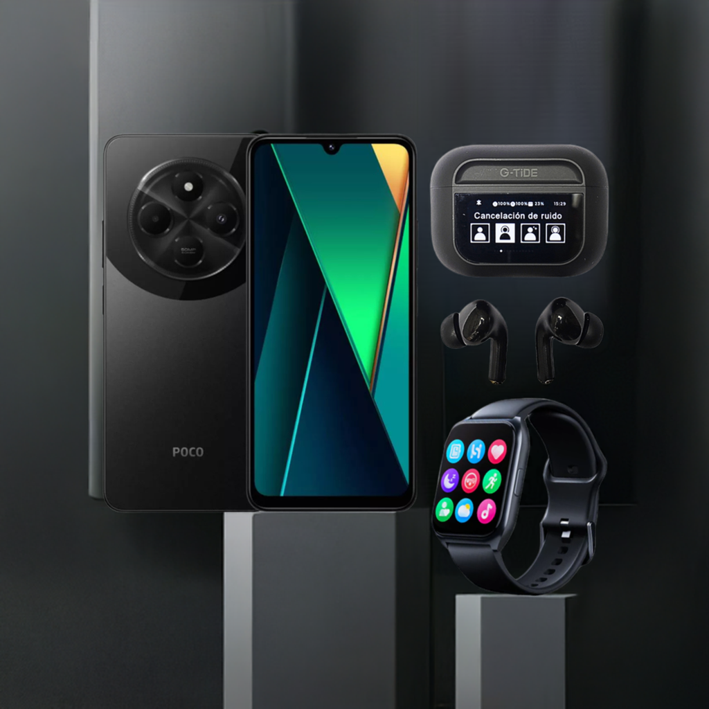 Xiaomi POCO C75 + Audífonos con Pantalla G tide future pod y Smartwatch Filwans