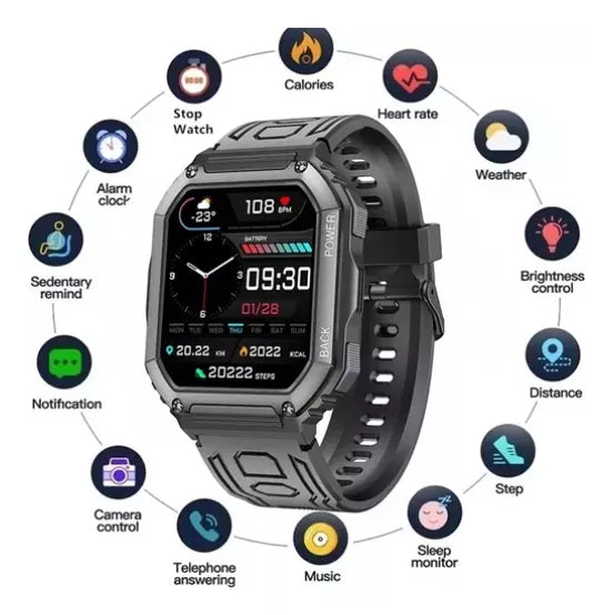 Smartwatch 1.8" IPS HD, Bluetooth 5.0, Llamadas, IP67, 28 Modos Deportivos, Monitoreo de Salud, Batería 320mAh – Compatible con Android & iOS