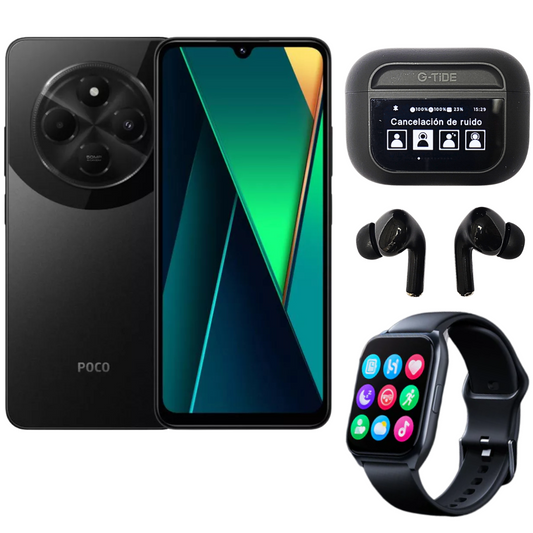 Xiaomi POCO C75 + Audífonos con Pantalla G tide future pod y Smartwatch Filwans