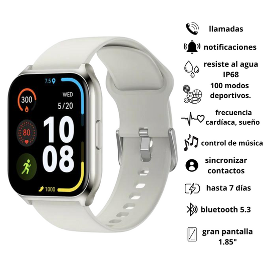 Smartwatch Filwans GTS Mini Plata  Pantalla 1.85'' HD, Llamadas Bluetooth, Salud y Fitness, Batería de Larga Duración, IP68